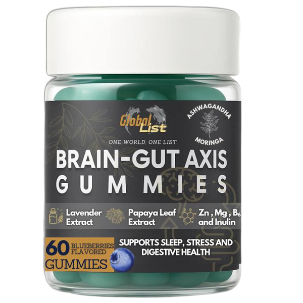 GLOBAL LIST Brain-Gut Axis Gummies, front of jar.