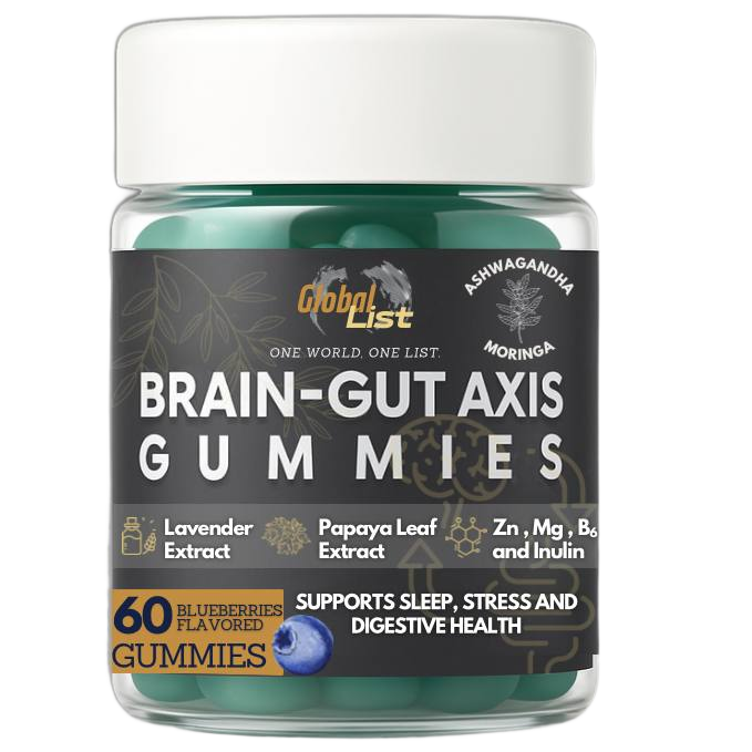 GLOBAL LIST Brain–Gut Axis Gummies bottle, front label, transparent background
