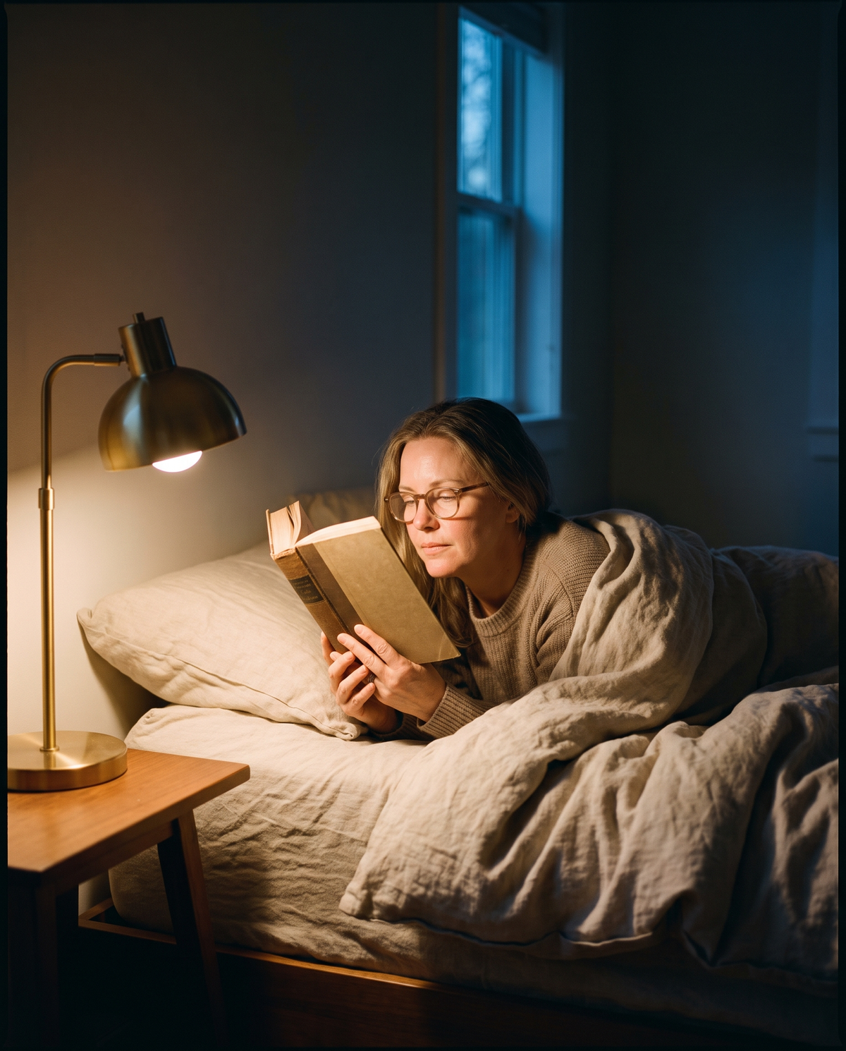 Woman reading in bed by warm lamplight in the evening