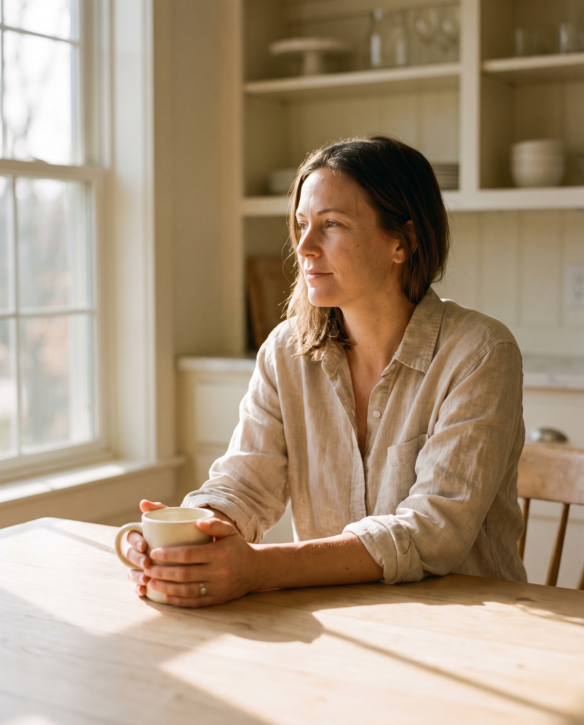 Woman sitting with a mug of tea at a sunlit kitchen table in the morning