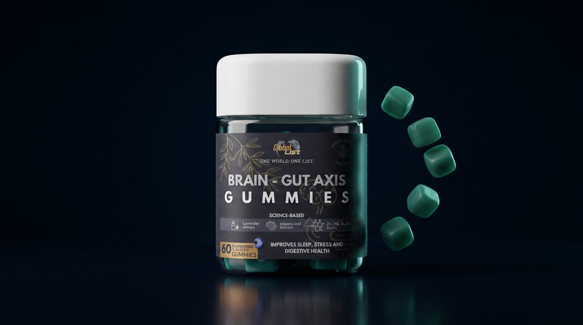 Brain–Gut Axis Gummies jar with suspended gummies on a midnight studio background